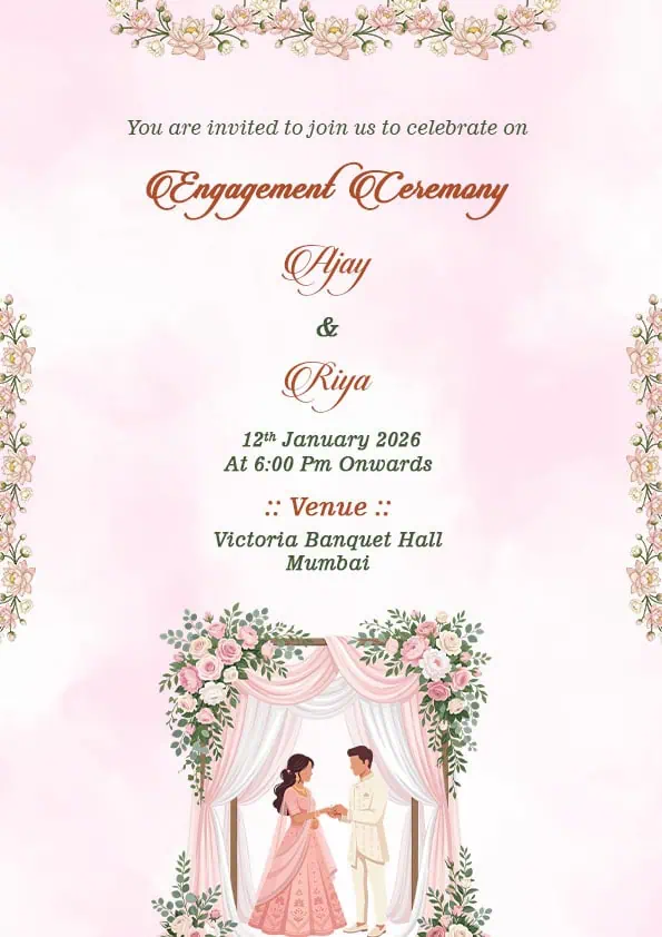 Minimal Floral Engagement Invitation Card English with pastel flowers and elegant couple illustration EICE-008