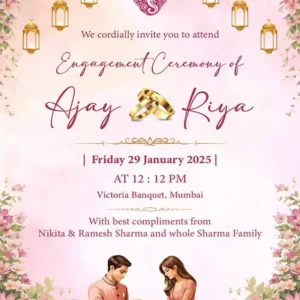 Floral Ring Ceremony Invitation Card English with pink flower theme and engagement rings EICE-006