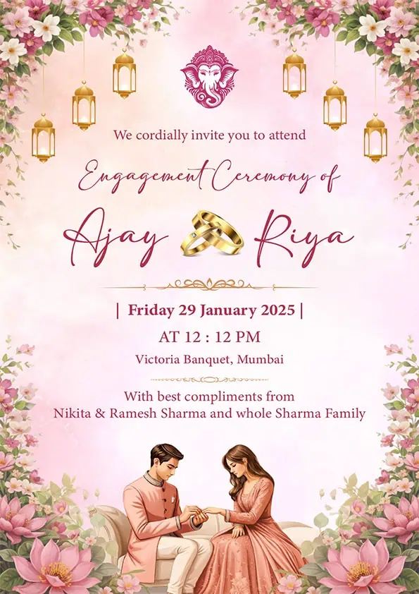 Floral Ring Ceremony Invitation Card English with pink flower theme and engagement rings EICE-006