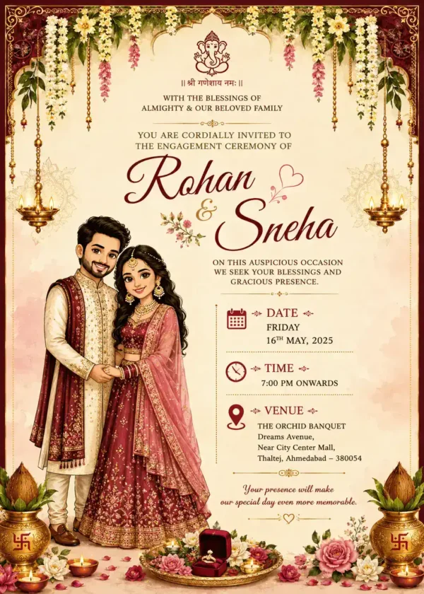 Traditional Couple Engagement Invitation Card English with Lord Ganesha and Hindu Ring Ceremony theme EICE-007