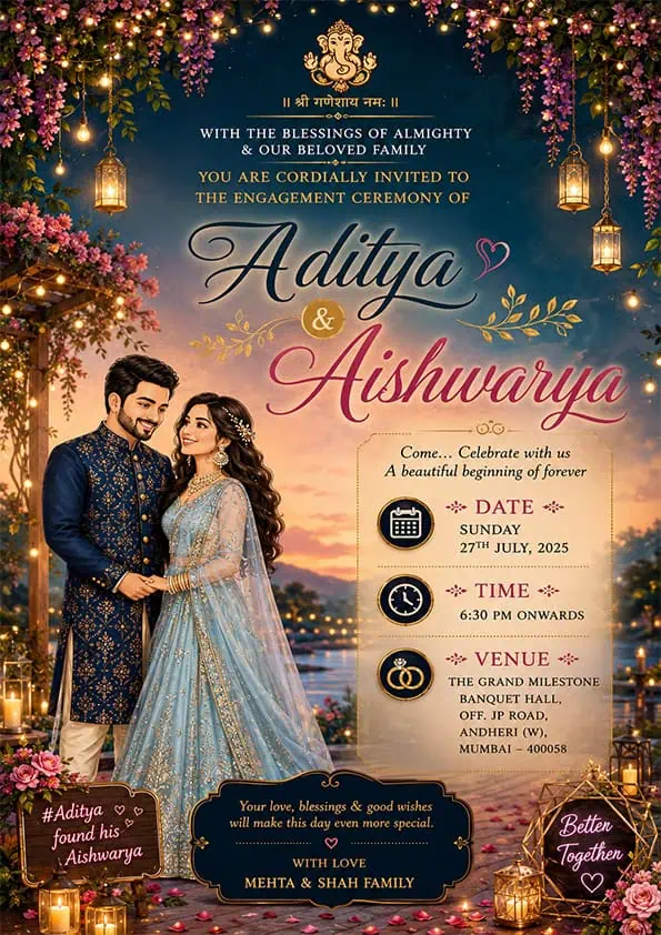 Royal Couple Engagement Invitation Card English with romantic evening theme and luxury floral decoration EICE-009