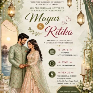Premium Floral Engagement Invitation Card English featuring a romantic couple illustration with elegant floral decorations EICE11