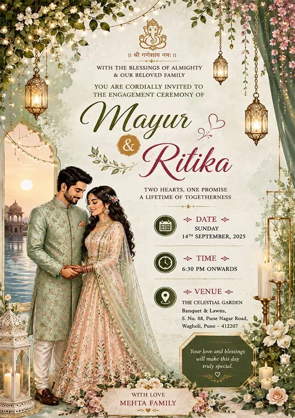 Premium Floral Engagement Invitation Card English featuring a romantic couple illustration with elegant floral decorations EICE11