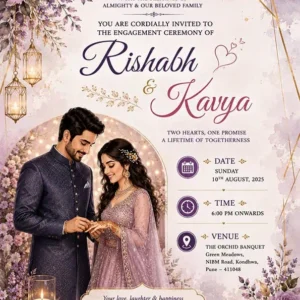 Royal Lavender Engagement Invitation Card English featuring a romantic couple illustration with elegant lavender floral decorations EICE13