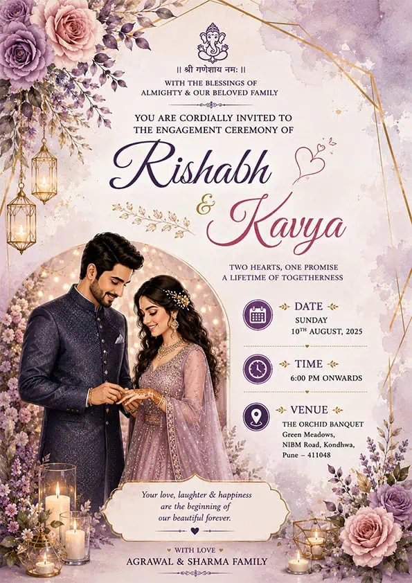 Royal Lavender Engagement Invitation Card English featuring a romantic couple illustration with elegant lavender floral decorations EICE13
