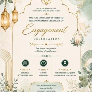 Elegant Sage Green Engagement Invitation Card English with floral design, hanging lanterns, and premium minimalist layout EICE14