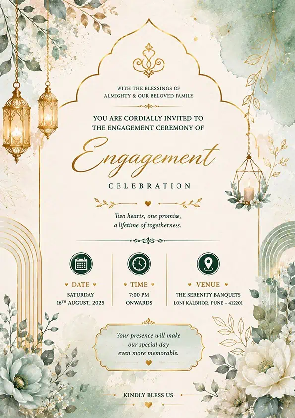 Elegant Sage Green Engagement Invitation Card English with floral design, hanging lanterns, and premium minimalist layout EICE14