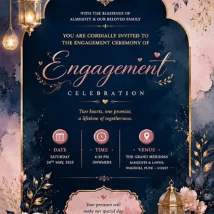 Royal Navy Blue Engagement Invitation Card English with floral decorations, hanging lanterns, elegant gold accents, and premium digital invitation design EICE15