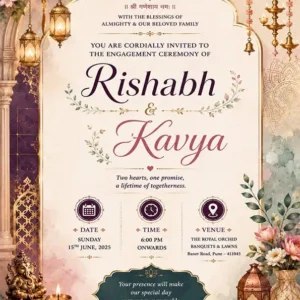 Elegant Floral Engagement Invitation Card English with pastel flowers, Lord Ganesha, decorative lanterns, and premium traditional wedding invitation design EICE16