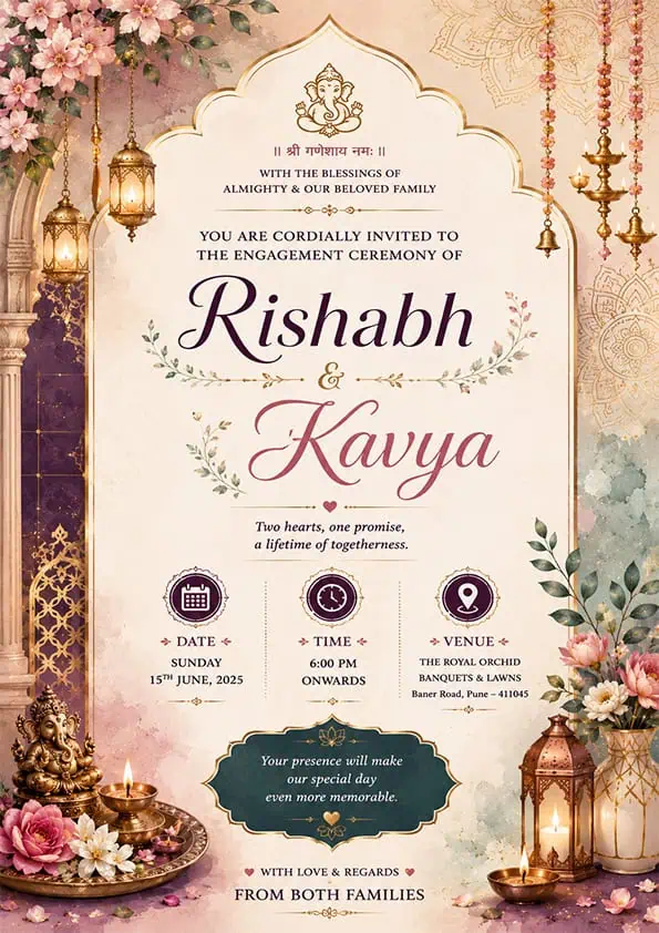 Elegant Floral Engagement Invitation Card English with pastel flowers, Lord Ganesha, decorative lanterns, and premium traditional wedding invitation design EICE16
