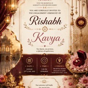 Royal Maroon Engagement Invitation Card English featuring Lord Ganesha, floral decorations, engagement ring box, lanterns, and luxurious traditional design EICE17
