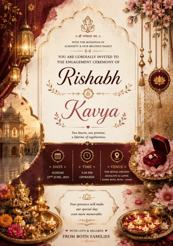 Royal Maroon Engagement Invitation Card English featuring Lord Ganesha, floral decorations, engagement ring box, lanterns, and luxurious traditional design EICE17