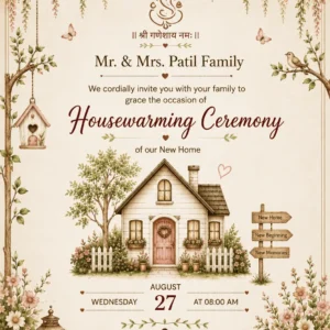 Floral Cottage House Warming Invitation Card for New Home Ceremony in English HWICE-13