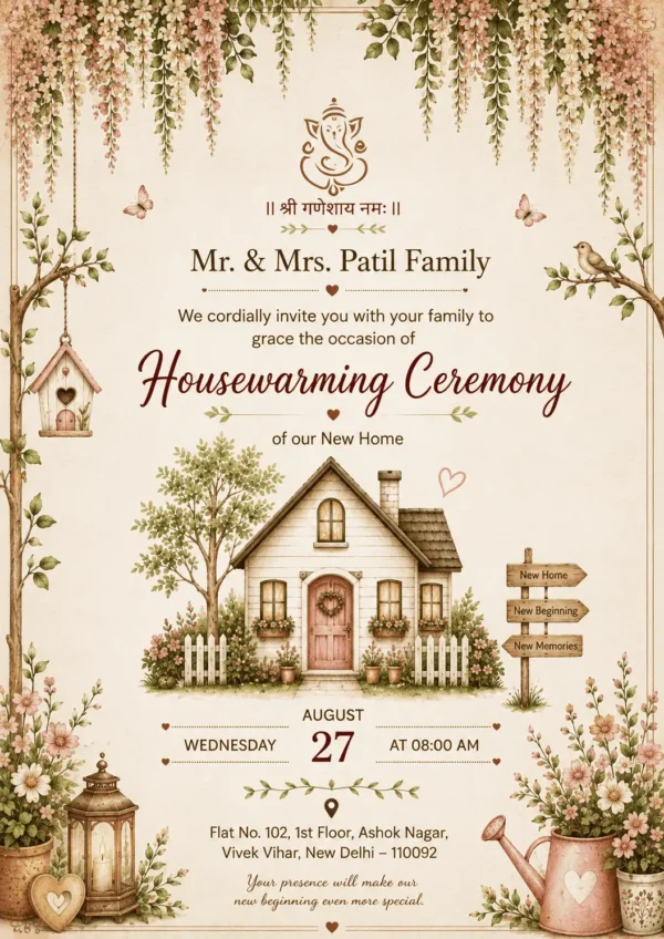 Floral Cottage House Warming Invitation Card for New Home Ceremony in English HWICE-13