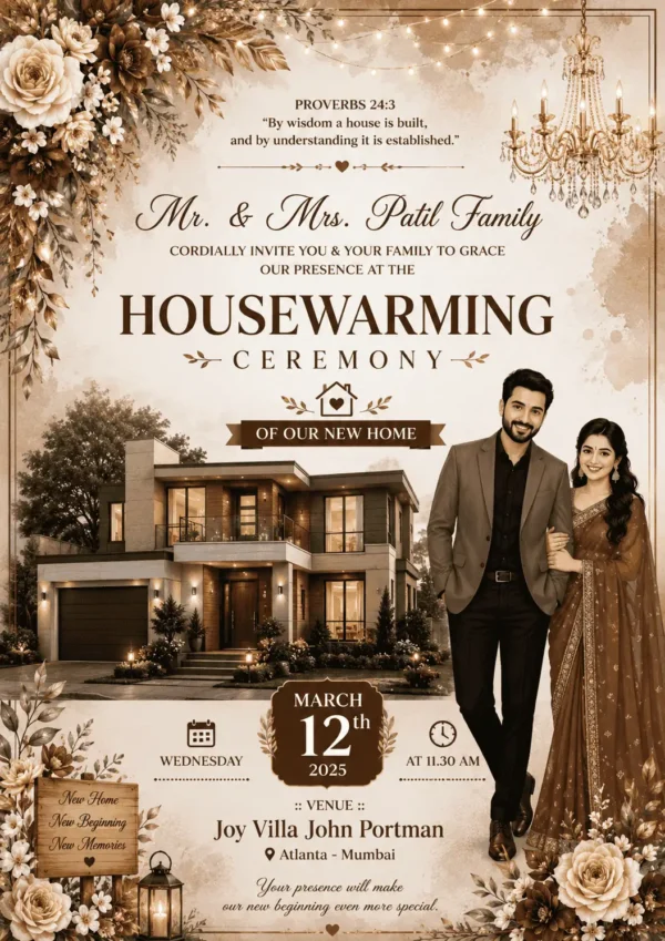 Luxury Couple House Warming Invitation Card with Photo for New Home Ceremony HWICE-14