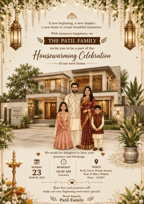 Premium Family House Warming Invitation Card with Family Photo for Griha Pravesh and New Home Celebration HWICE-15
