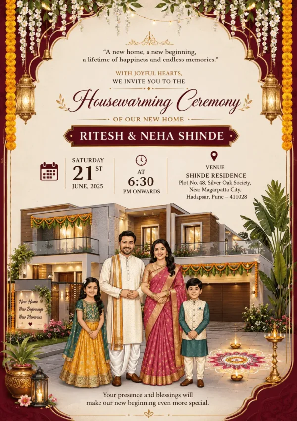 Traditional Family House Warming Invitation Card with Family Photo for Griha Pravesh and New Home Celebration HWICE-16