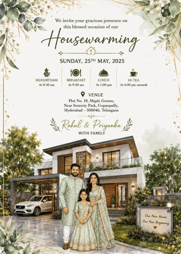 Elegant Family House Warming Invitation Card with Family Photo for New Home Celebration HWICE-19