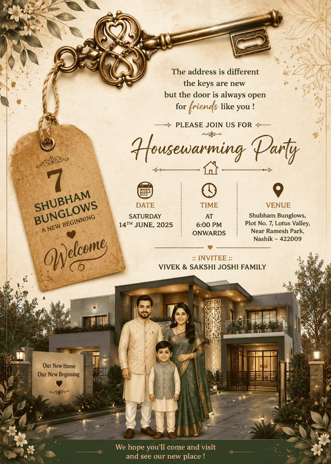 Vintage Key House Warming Party Invitation Card with Personalized Family Photo for New Home Celebration HWICE-20