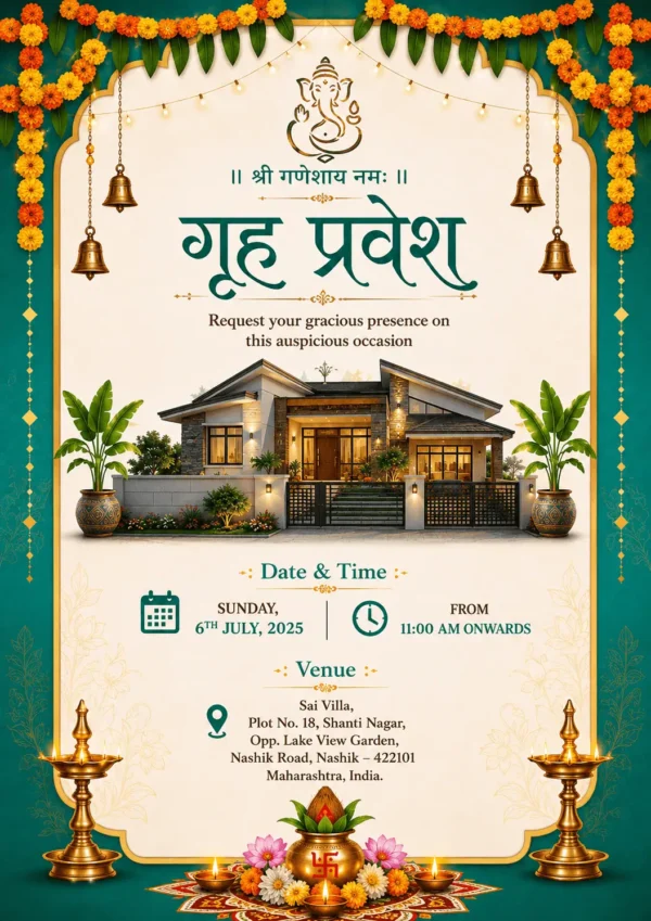 Traditional Gruh Pravesh Invitation Card with Lord Ganesha for Hindu House Warming Ceremony