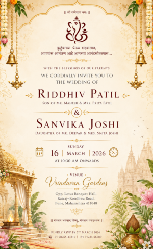 Traditional floral wedding invitation card English with Ganesh, temple and gold wedding decorations