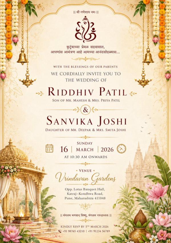 Traditional floral wedding invitation card English with Ganesh, temple and gold wedding decorations
