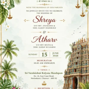 Tropical South Indian wedding invitation card English with temple, Ganesh, flowers and golden lamps