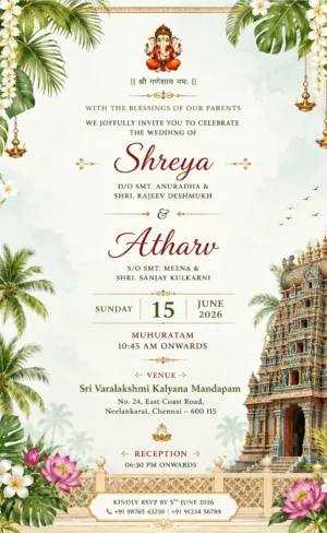 Tropical South Indian wedding invitation card English with temple, Ganesh, flowers and golden lamps