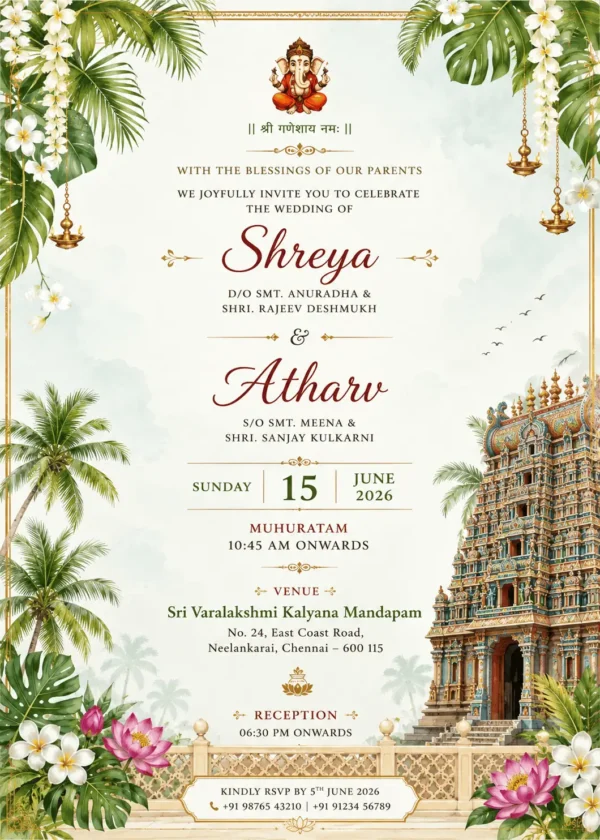Tropical South Indian wedding invitation card English with temple, Ganesh, flowers and golden lamps