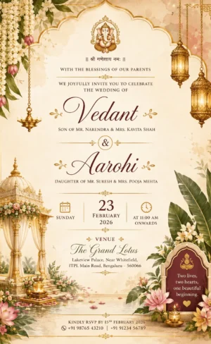 Luxury floral wedding invitation card English with Ganesh, wedding mandap, lotus flowers and golden lanterns