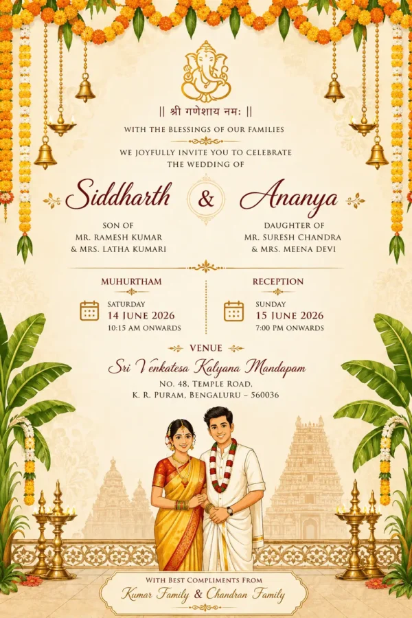 Traditional South Indian wedding invitation card English with marigold garlands, Ganesh and bride groom illustration