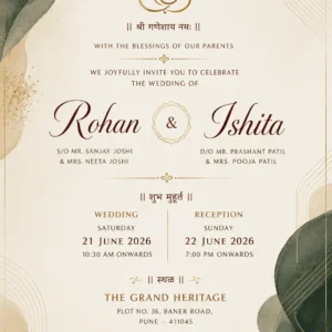 Minimalist luxury wedding invitation card English with green botanical leaves, gold accents and Ganesh
