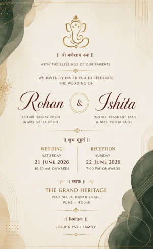 Minimalist luxury wedding invitation card English with green botanical leaves, gold accents and Ganesh
