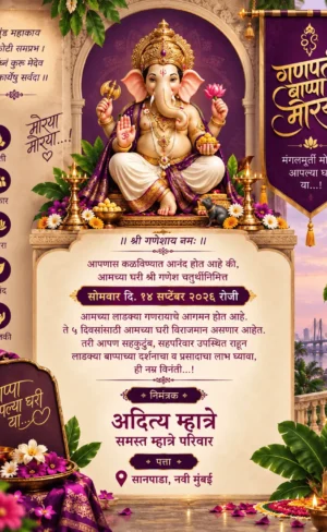 Ganesh Chaturthi invitation card in Marathi with Lord Ganesha and traditional festive decorations