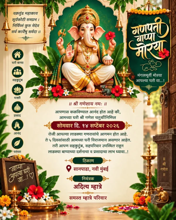 Traditional Ganesh Chaturthi invitation card in Marathi with Lord Ganesha, marigold flowers and diyas