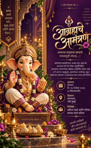 Royal purple Marathi Ganesh Chaturthi invitation card with Lord Ganesha and traditional diyas