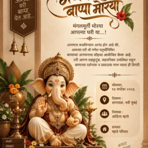 Traditional Marathi Ganesh Chaturthi invitation card with Lord Ganesha and diyas