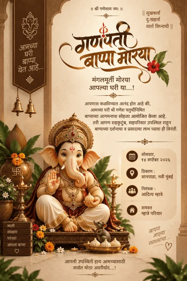 Traditional Marathi Ganesh Chaturthi invitation card with Lord Ganesha and diyas