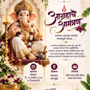Elegant Marathi Ganesh Chaturthi invitation card with Lord Ganesha and floral decorations
