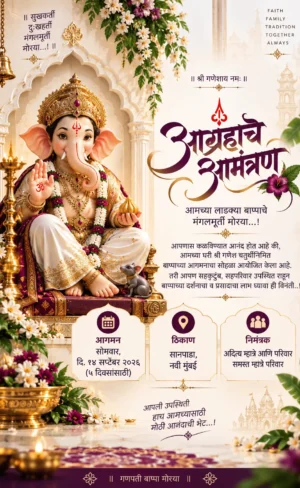 Elegant Marathi Ganesh Chaturthi invitation card with Lord Ganesha and floral decorations