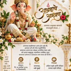 Elegant Marathi Ganesh Chaturthi invitation card with Lord Ganesha and floral décor