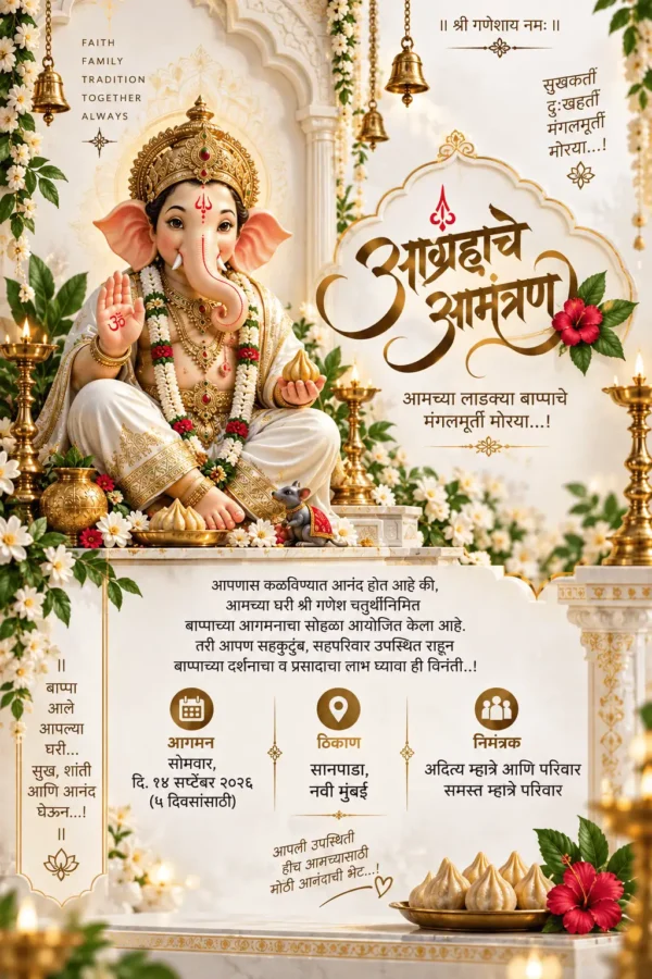 Elegant Marathi Ganesh Chaturthi invitation card with Lord Ganesha and floral décor
