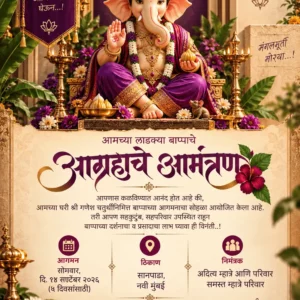 Royal purple Marathi Ganesh Chaturthi invitation card with Lord Ganesha and traditional diyas