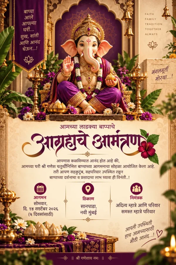 Royal purple Marathi Ganesh Chaturthi invitation card with Lord Ganesha and traditional diyas
