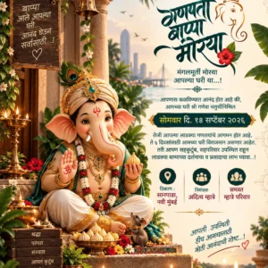 Traditional Marathi Ganesh Chaturthi invitation card with Lord Ganesha, temple décor and diyas