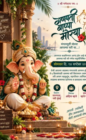 Traditional Marathi Ganesh Chaturthi invitation card with Lord Ganesha, temple décor and diyas