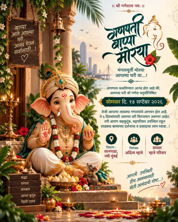 Traditional Marathi Ganesh Chaturthi invitation card with Lord Ganesha, temple décor and diyas
