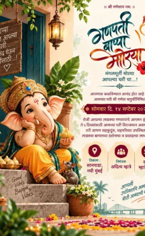 Marathi Ganesh Chaturthi invitation card with Lord Ganesha, flowers, diyas and traditional home décor