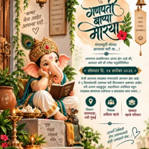 Marathi Ganesh Chaturthi invitation card with Lord Ganesha, diyas, bells and traditional home décor