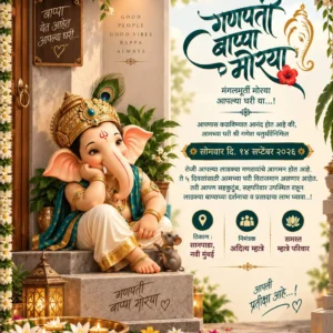 Marathi Ganesh Chaturthi invitation card with Lord Ganesha, diyas, flowers and traditional décor